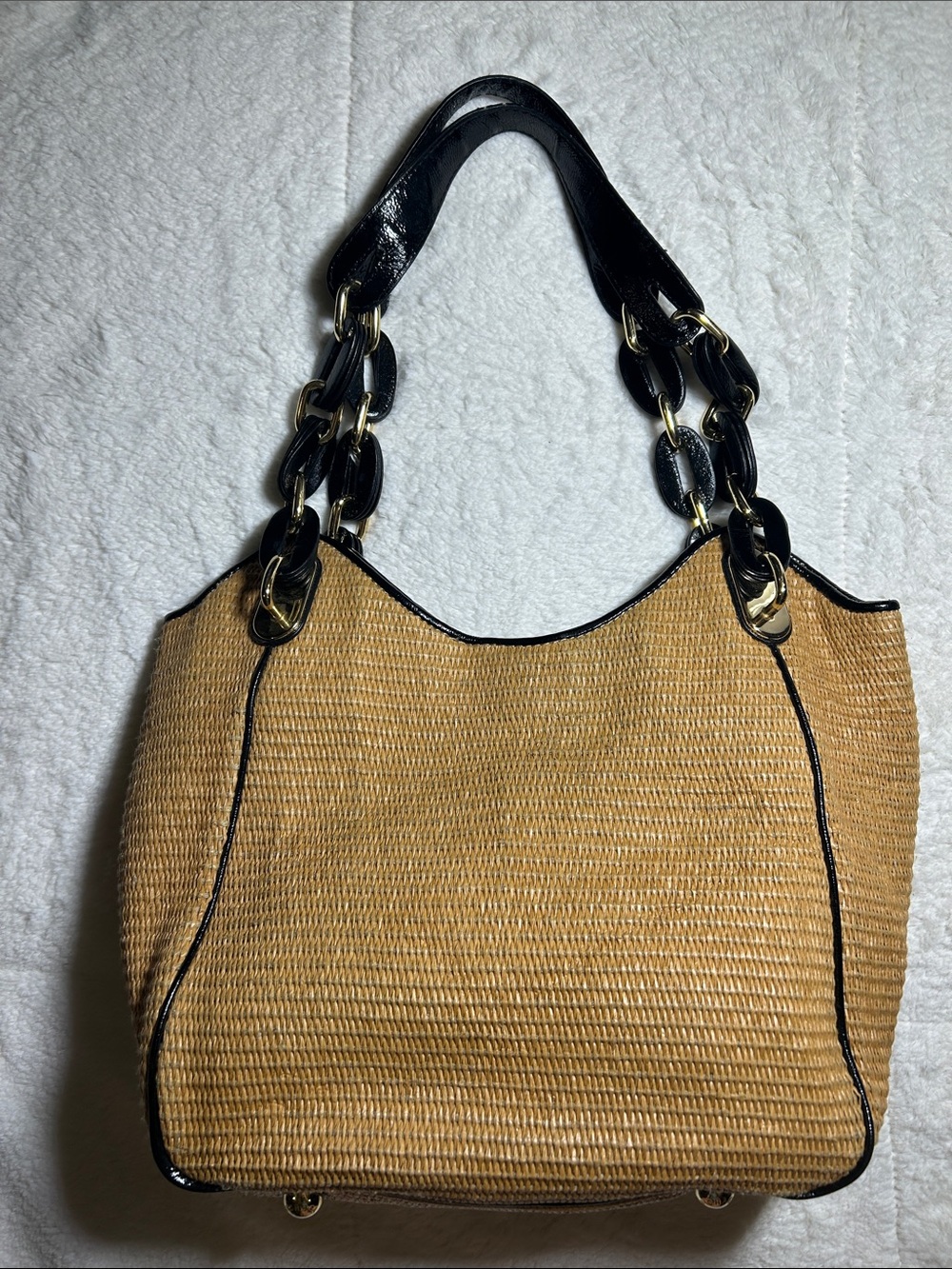 Michael Kors Straw Shoulder Bag Black Leather Trim Chain Link Handles